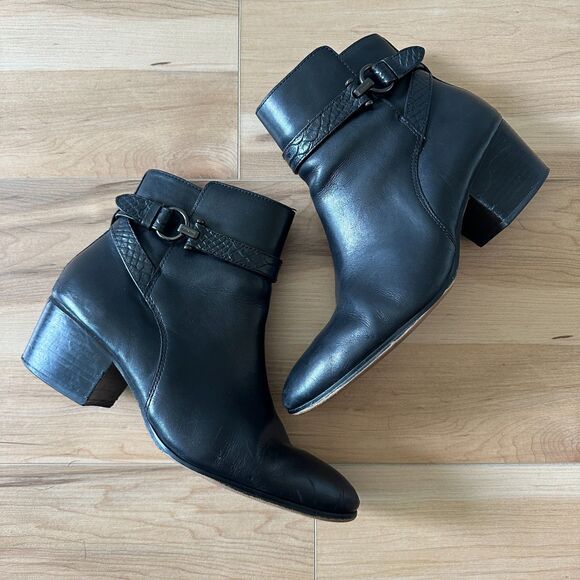 COACH Paulina Black Leather‎ Ankle Boots Embossed Snake Belt Booties Size 10 - Picture 1 of 10